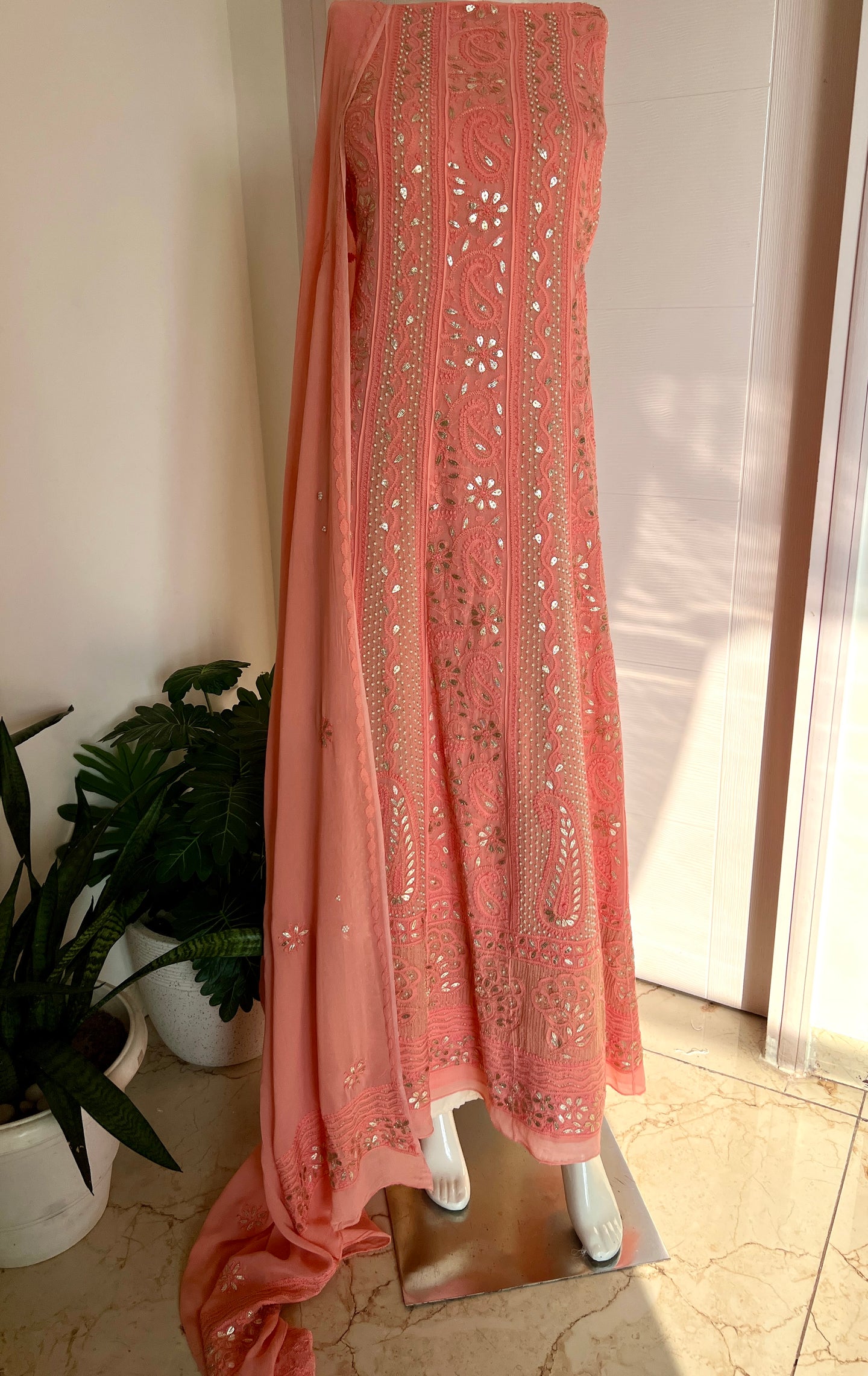 Blush peach Chikankari pearl and Gota Patti Anarkali